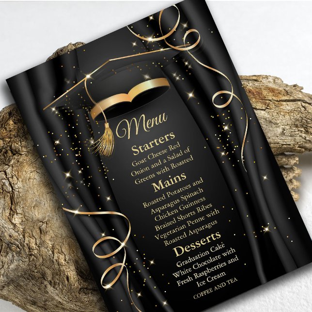 Convites Graduação Elegante Preta e Dourada (Elegant Black & Gold Graduation Invitation #menu #zazzlemade #graduationdinner #blackandgoldmenu)