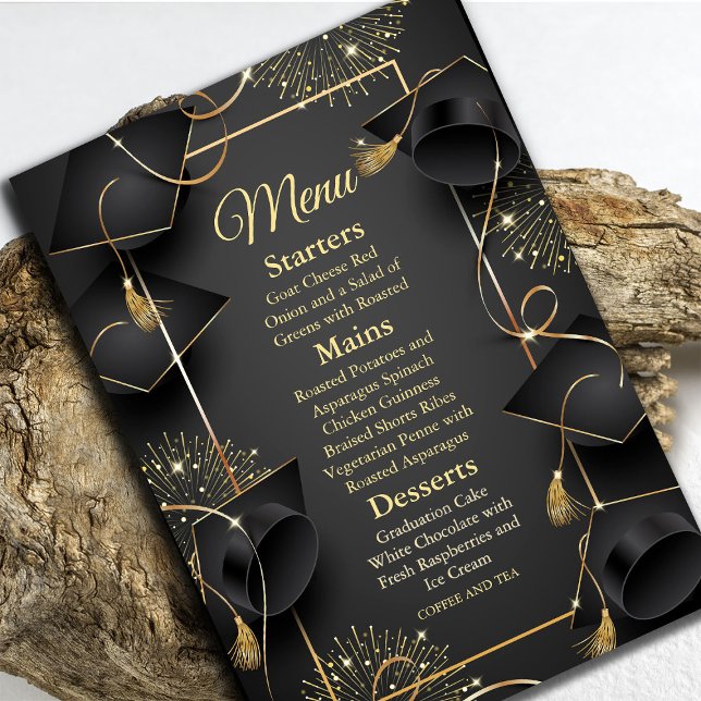 Convites Graduação Elegante Preta e Dourada (Elegant Black & Gold Graduation Invitation #menu #zazzlemade #dinner #graduationparty #blackgold )