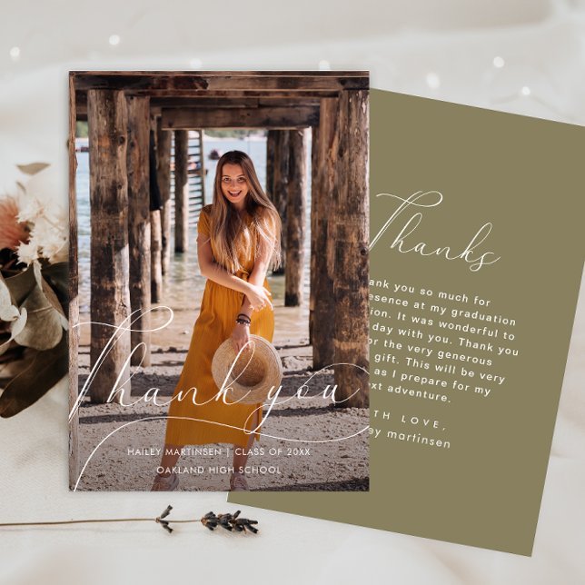 Convites Graduação Elegante Script Green Foto Obrigado (Criador carregado)