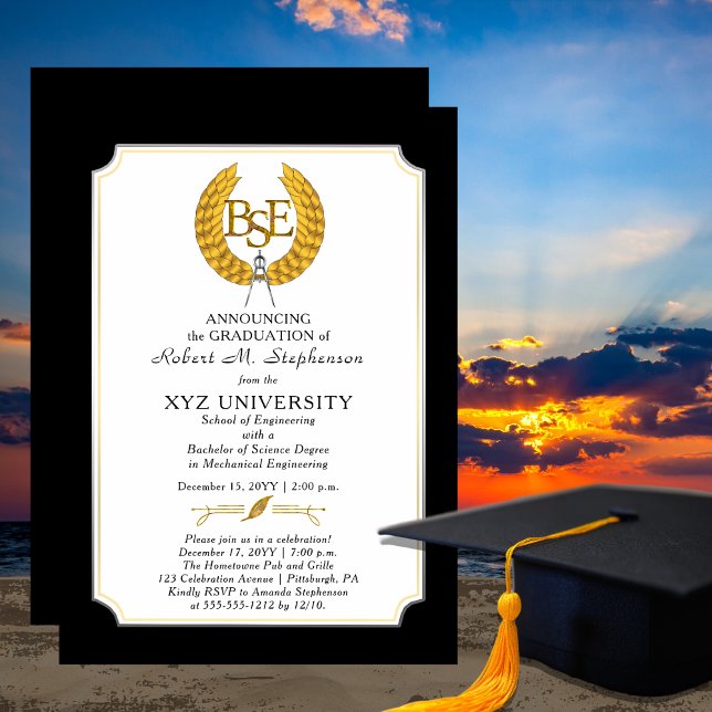 Convites Graduação em BSE - Bacharelado em Engenharia (Elegant "BSE" Engineering Graduate Graduation Announcement and Party Invitation - Print | Download)