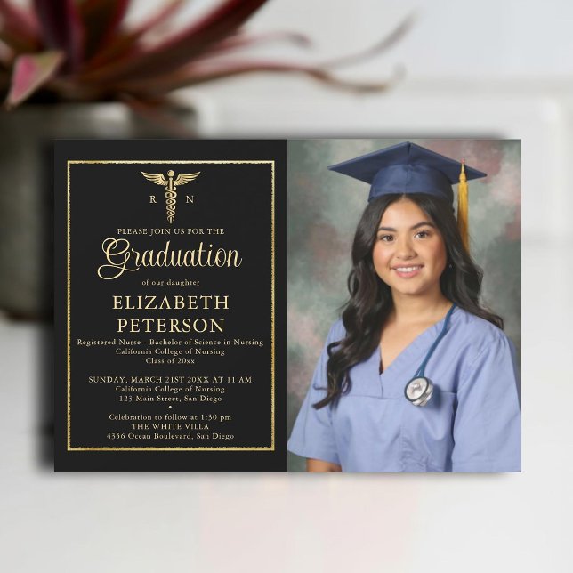 Convites Graduação em Enfermeiro Caduceum Dourado Quadro Pr (nursing school graduation gold caduceum frame contemporary modern photo nurse black elegant classy)