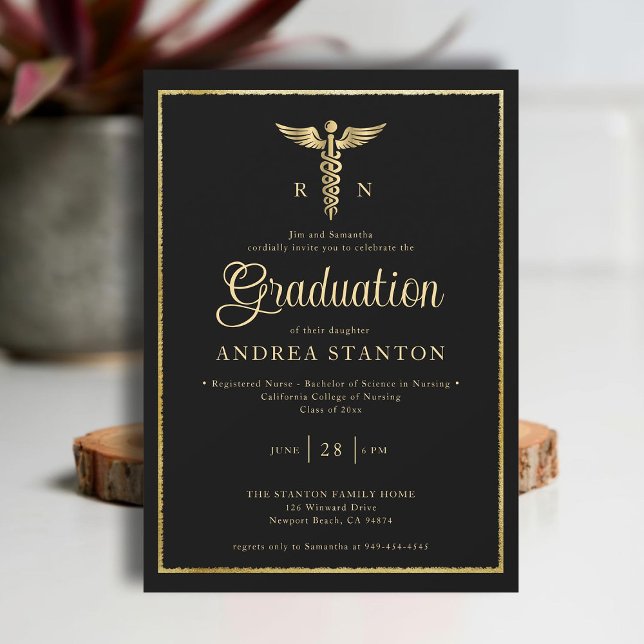 Convites Graduação em Enfermeiro, Dourado Quadro Caduceum N (nurse nursing school graduation gold caduceum brushed frame contemporary modern elegant simple black)