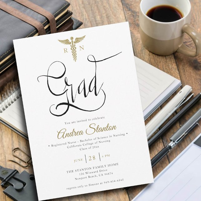 Convites Graduação em Enfermeiro Formando Caligrafia (nurse graduation party invitation gold caduceum grad calligraphy elegant classic modern black white)