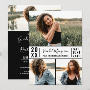 Convites Graduação em Grade de Fotos Branca Simples Preta