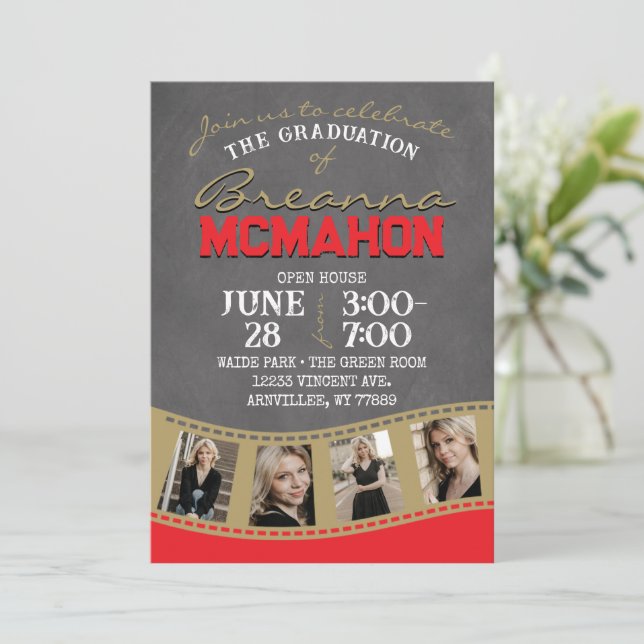 Convites Graduação em lâmina Dourada de Chalkboard Red & Br (Em pé/Frente)