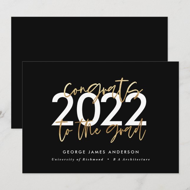 Convites Graduação em na moda de roteiros negros e dourados (Frente/Verso)