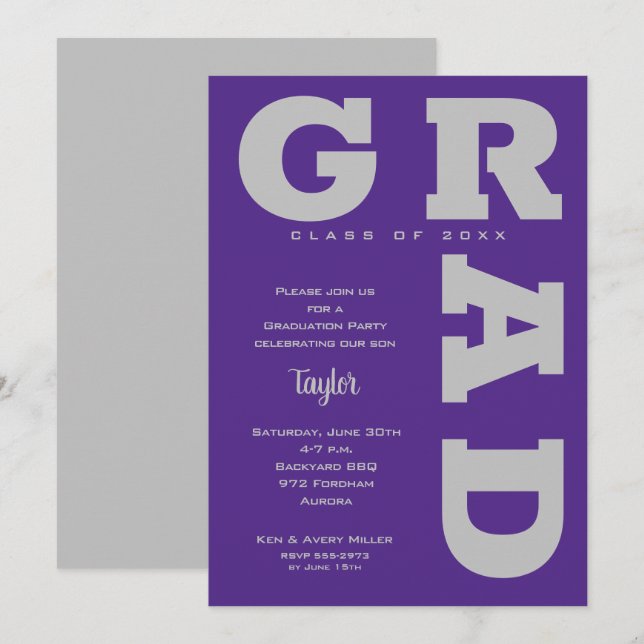 Convites Graduação em negrito GRAD Gray em Roxo Gradual (Frente/Verso)