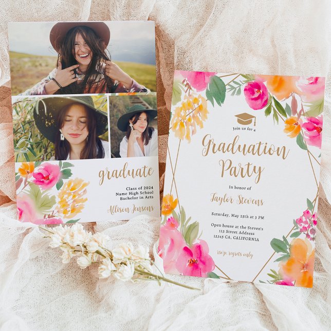 Convites Graduação em ouro Floral cor-de-rosa-claro (Bright pink colorful Floral gold graduation Invitation)