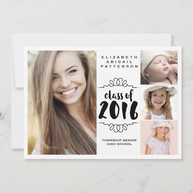 Convites Graduação em preto e branco da Elegant Girl 4 Phot (Frente)