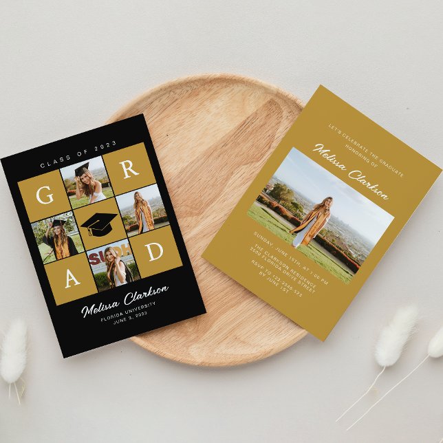 Convites Graduação em preto e mostarda com 5 fotos modernas (Criador carregado)