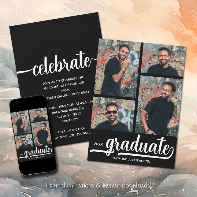 Convites Graduação em Preto para Colagem de Fotos Moderna 4 (Modern 4 Photo Collage Black Graduation Invitations)