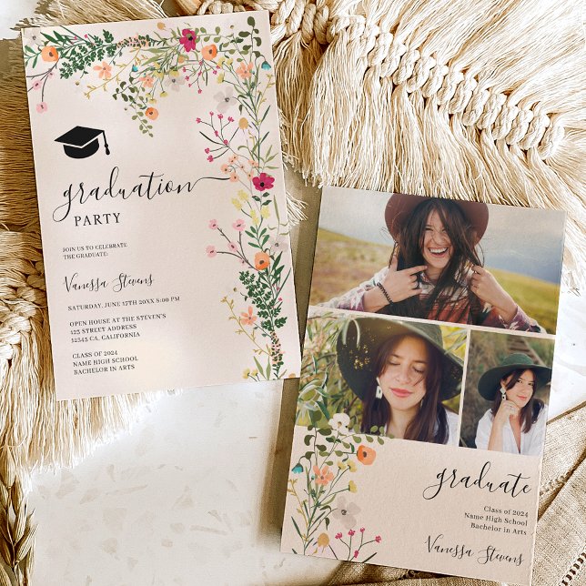 Convites Graduação em primavera de flores silvestres do cam (Bohemian meadow wild flowers spring graduation invitation)