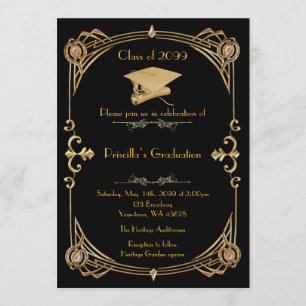 Convites Graduação, estilo Gatsby, ouro preto, monograma de