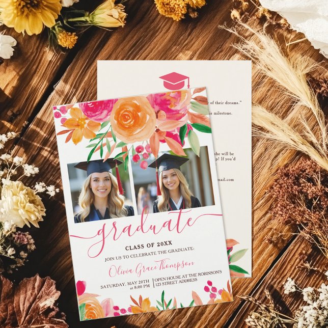 Convites Graduação Floral 2-Foto Bold Boho Watercolor (Bold Watercolor Floral 2-Photo Graduation Invitation)