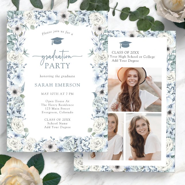 Convites Graduação Floral Azul (Watercolor Blue Floral Graduation Party Invitation Photo Collage by Painted Paperie
)