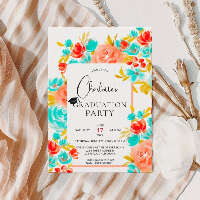 Convites Graduação floral azul-alaranjada boêmia brilhante (Bohemian bright orange blue floral graduation invitation)