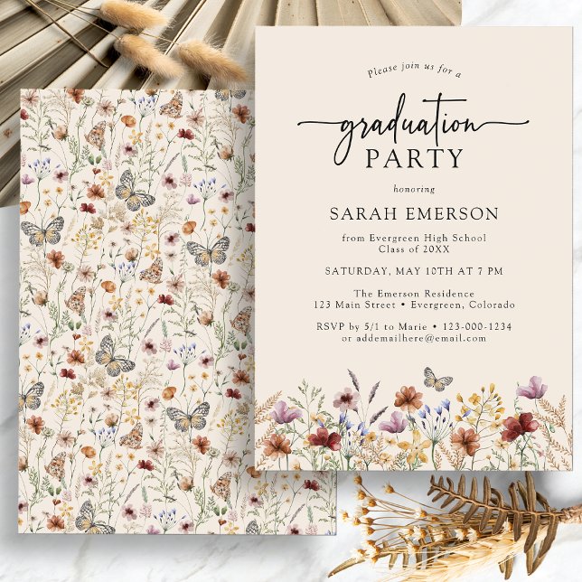 Convites Graduação Floral Boho (Watercolor Boho Floral Graduation Party Invitation with Butterfly by Painted Paperie
)