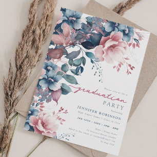 Convites Graduação Floral Boho Dusty Blue Summer Garden