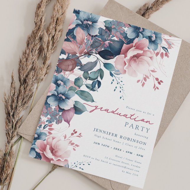 Convites Graduação Floral Boho Dusty Blue Summer Garden (Boho Dusty Blue Summer Garden Floral Graduation Invitation)