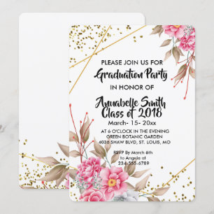 Convites Graduação Floral Cor-de-rosa com quadro Dourado 