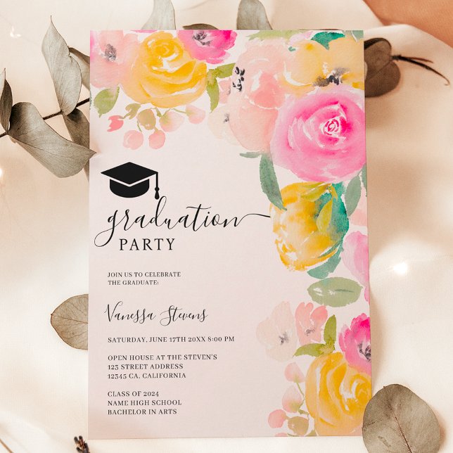 Convites Graduação floral de aquarela de jardim chic bonito (Pretty chic garden floral watercolor graduation invitation)