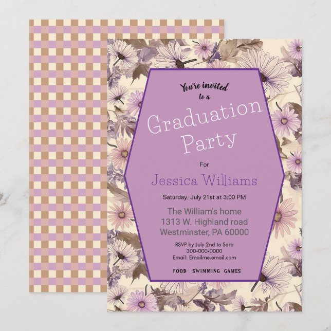Convites Graduação Floral de Cute Vintage (Frente/Verso)