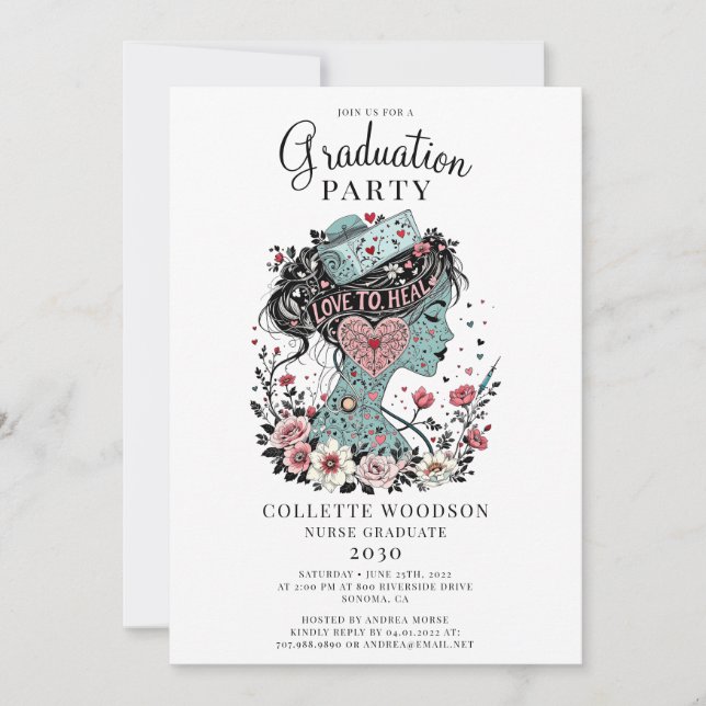 Convites Graduação Floral de Enfermeira Ilustrada (Frente)