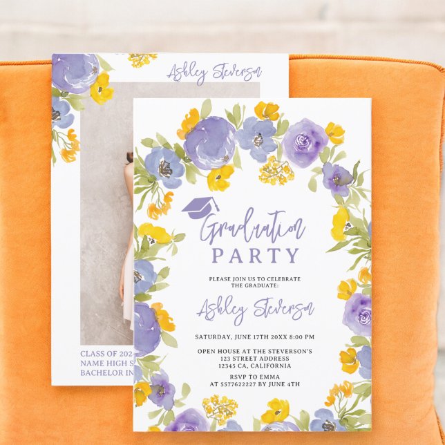 Convites Graduação floral de jardim amarelo roxo Boho (Boho purple yellow garden floral graduation invitation)