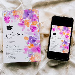 Convites Graduação floral de laranja roxo romântico pastel