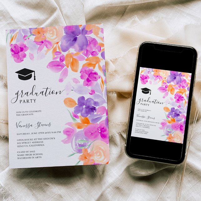 Convites Graduação floral de laranja roxo romântico pastel (Criador carregado)
