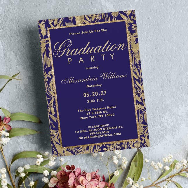 Convites Graduação floral de ouro roxo de luxo (Luxury purple gold glitter floral Graduation)