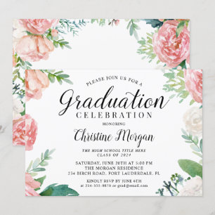 Convites Graduação Floral de Pêssego de Aquarela de Scri