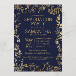 Convites Graduação Floral Dourada e Azul do Marinho Elegant