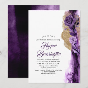 Convites Graduação Floral Dourada em Lixo e Roxo Escuro