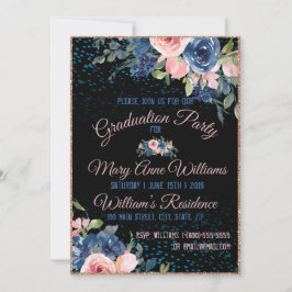 Convites Graduação Floral Elegante Azul Cor-de-Água Rosa