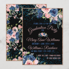 Convites Graduação Floral Elegante Azul Cor-de-Água Rosa