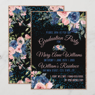 Convites Graduação Floral Elegante Azul Cor-de-Água Rosa