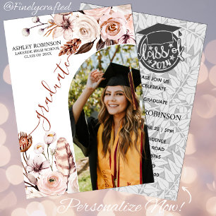 Convites Graduação Floral Personalizada de Natureza de Aqua
