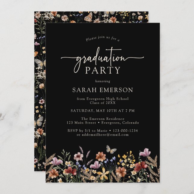 Convites Graduação Floral Preta (Frente/Verso)