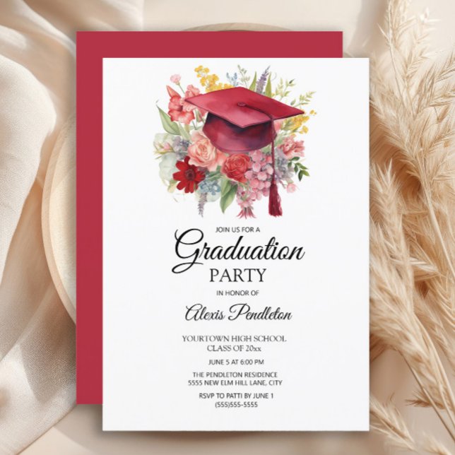 Convites Graduação Floral Rosa-Boné de formatura Vermelho (Red graduation cap party invitation)