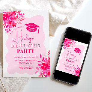 Convites Graduação floral rosa-rosa-quente com quadro de on