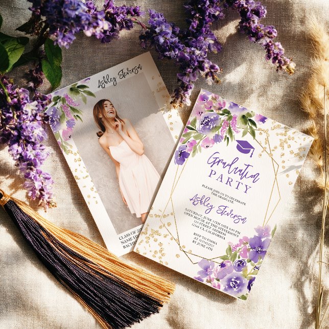 Convites Graduação floral roxa brilhante dourada (Gold glitter Purple girly floral photo graduation Invitation)