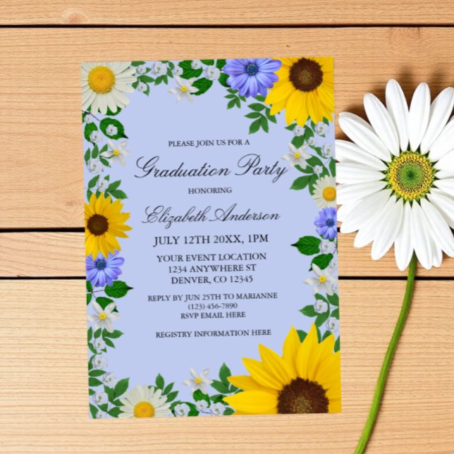 Convites Graduação Floral Rustic Sunflower Daisy (Criador carregado)