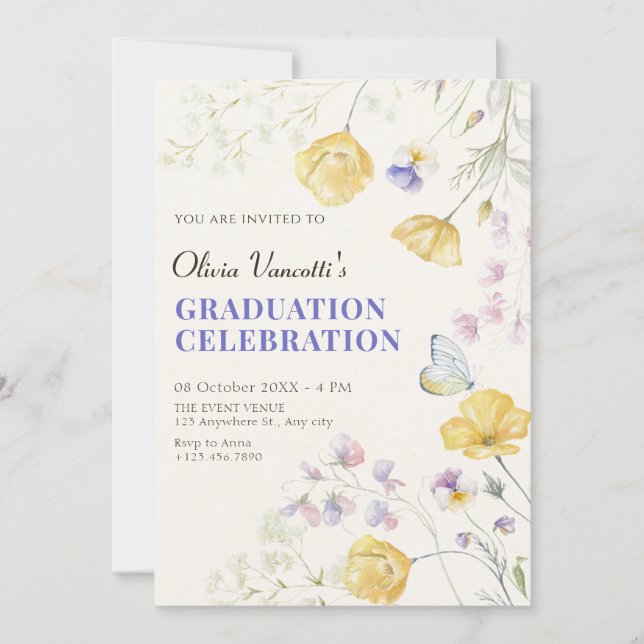 Convites Graduação floral selvagem elegante (Frente)
