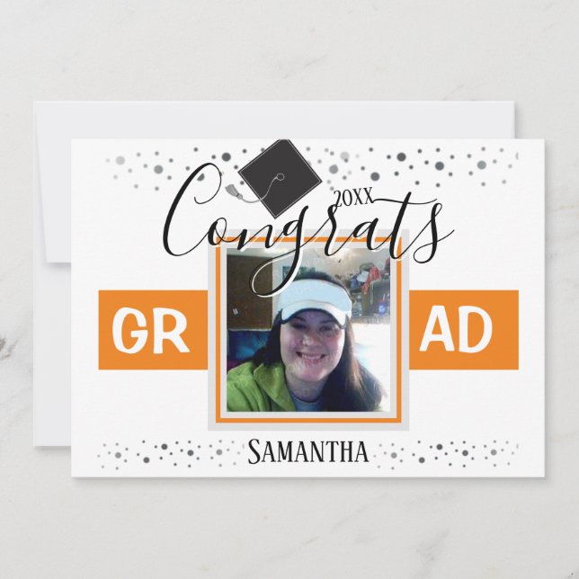 Convites Graduação Foto quadrada do solteiro Laranja Convit (Frente)