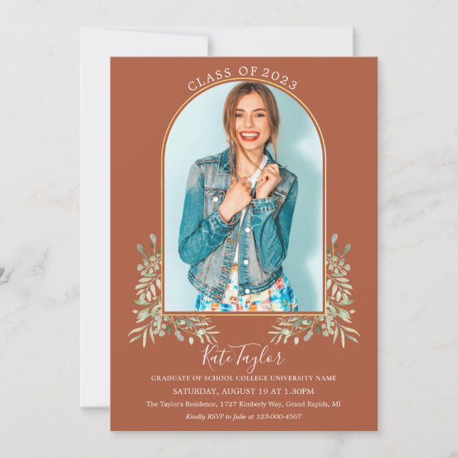 Convites Graduação Fotográfica Greenery Dourado Arch Terrac (Frente)