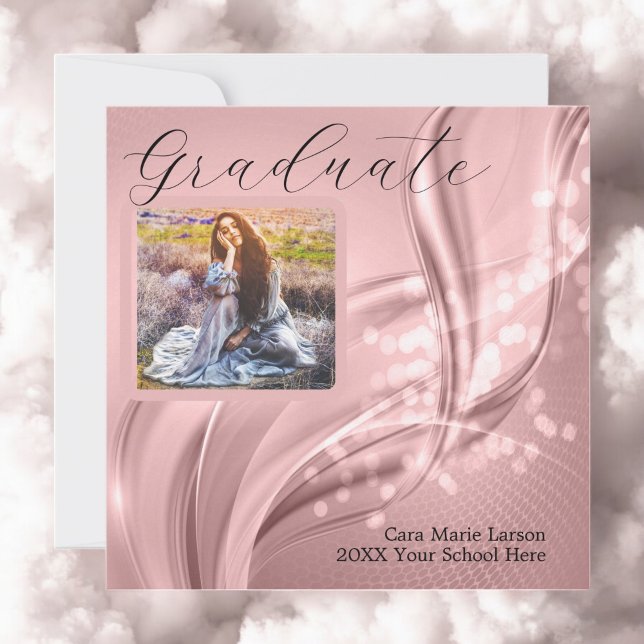 Convites Graduação Fotográfica Metálico Rosa-Rosa-Luxuoso (Dreaming of a bright future. Graduation Announcement and Invitation.)