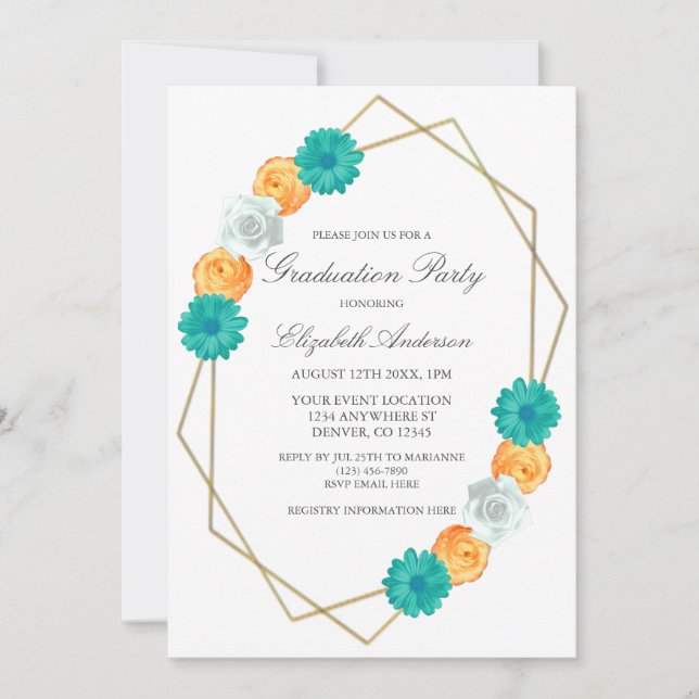 Convites Graduação Geométrica Floral Laranja Teal (Frente)
