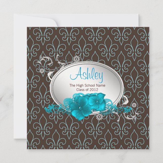 Convites Graduação Girls Teal Blue Brown Fleur De Lis (Frente)