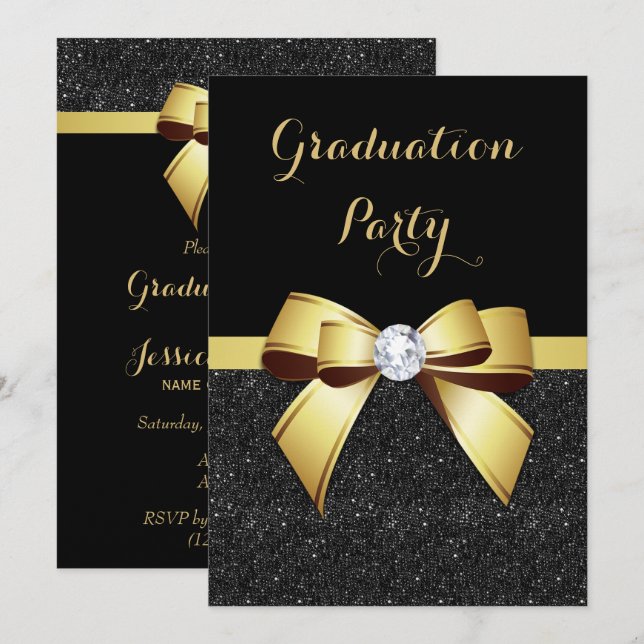 Convites Graduação Glamourosa com Arco de Joia Dourada e Br (Frente/Verso)